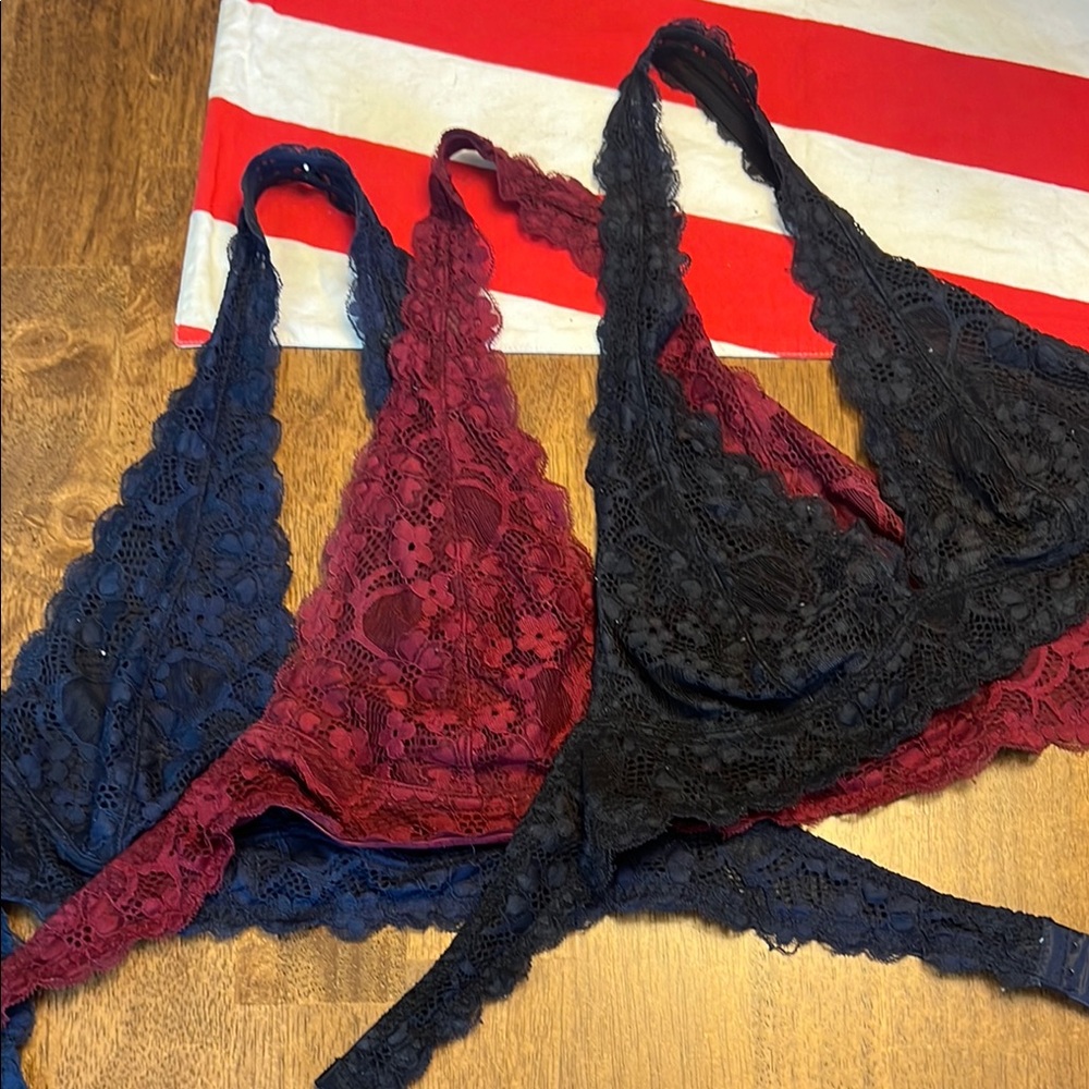Elegant Lace Bralette Set - Black, Red, and Blue